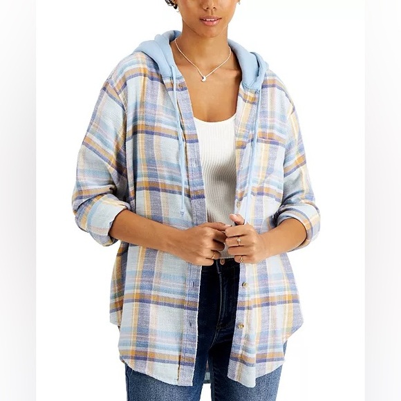 American Eagle Outfitters Tops - American Eagle Hooded Plaid Button Up